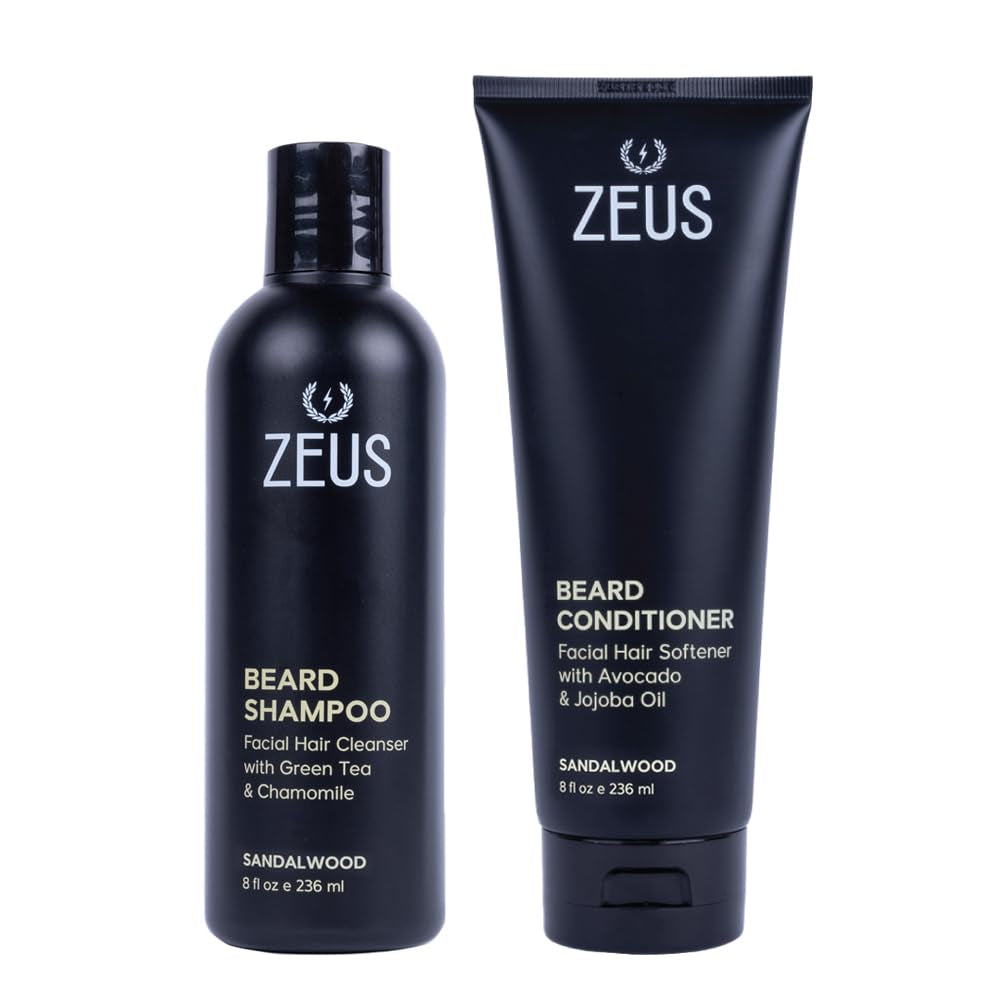 Beard Wash Set for Men, Beard Shampoo & Conditioner (Sandalwood) | Beard Care Duo with Green Tea, Chamomile & Natural Oils to Hydrate, Soften, Strengthen Facial Hair & Skin (Made in USA)
