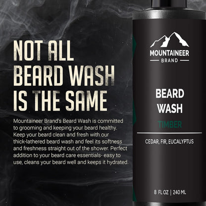 Beard Wash for Men | 100% Natural Beard Shampoo | Thick Cleaning Softening Lather for Hair and Skin | Hydrate and Detangle | Grooming Treatment | Timber Scent 8Oz