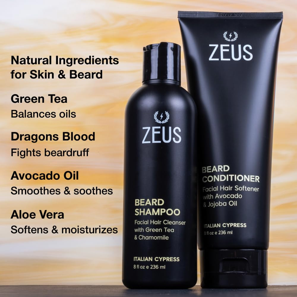 Beard Wash Set for Men, Beard Shampoo & Conditioner (Sandalwood) | Beard Care Duo with Green Tea, Chamomile & Natural Oils to Hydrate, Soften, Strengthen Facial Hair & Skin (Made in USA)